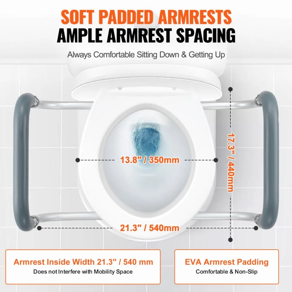 VEVOR Raised Toilet Seat, 3.5" Height Raised, 300 lbs Weight Capacity, for Standard Round Toilet, Aluminum Handrail, with EVA Armrest Padding, for Elderly, Handicap, Patient, Pregnant, Medical