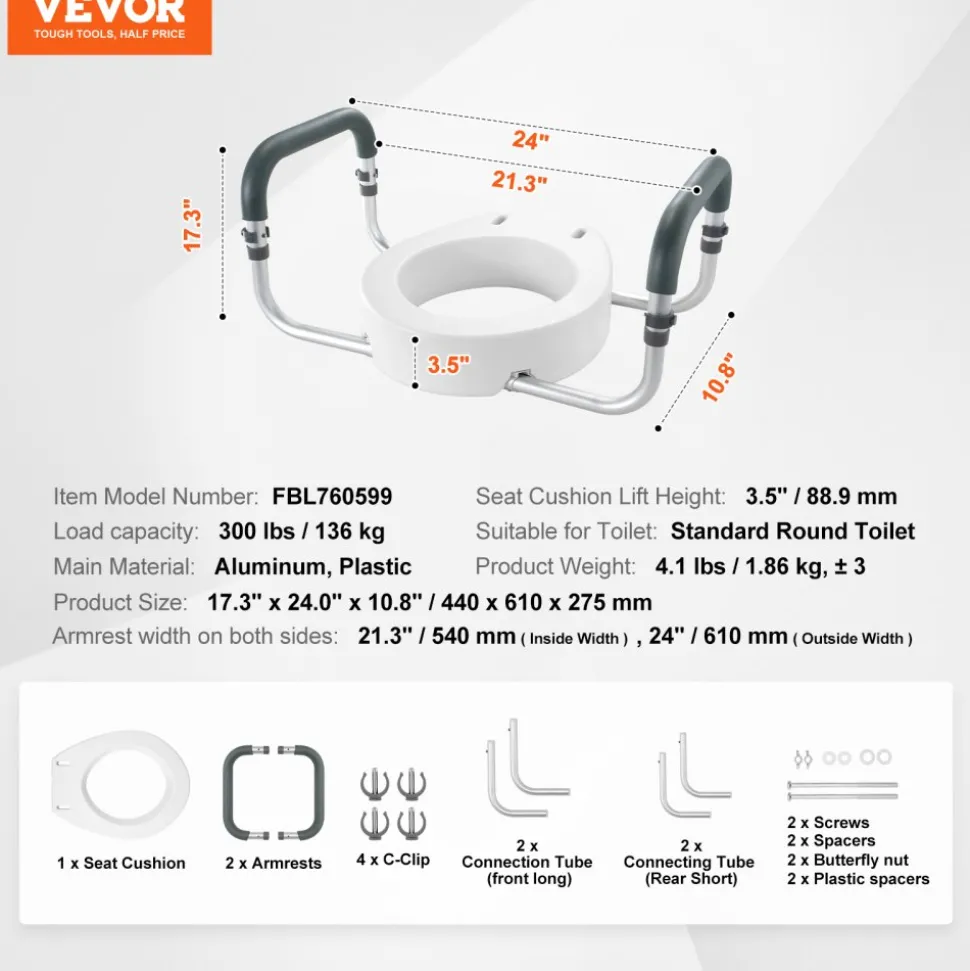 VEVOR Raised Toilet Seat, 3.5" Height Raised, 300 lbs Weight Capacity, for Standard Round Toilet, Aluminum Handrail, with EVA Armrest Padding, for Elderly, Handicap, Patient, Pregnant, Medical