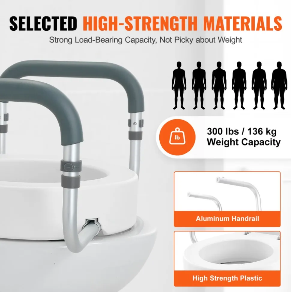 VEVOR Raised Toilet Seat, 3.5" Height Raised, 300 lbs Weight Capacity, for Standard Round Toilet, Aluminum Handrail, with EVA Armrest Padding, for Elderly, Handicap, Patient, Pregnant, Medical