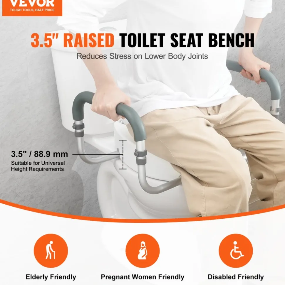VEVOR Raised Toilet Seat, 3.5" Height Raised, 300 lbs Weight Capacity, for Standard Round Toilet, Aluminum Handrail, with EVA Armrest Padding, for Elderly, Handicap, Patient, Pregnant, Medical