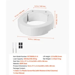VEVOR Raised Toilet Seat, 300 lbs Load Capacity, 3.5-Inch Lift Height, Commode Elevated Toilet Seat Riser with Enlarged Opening for Seniors, Elderly, Handicap, Disabled, and Adults, Fits Round Bowl