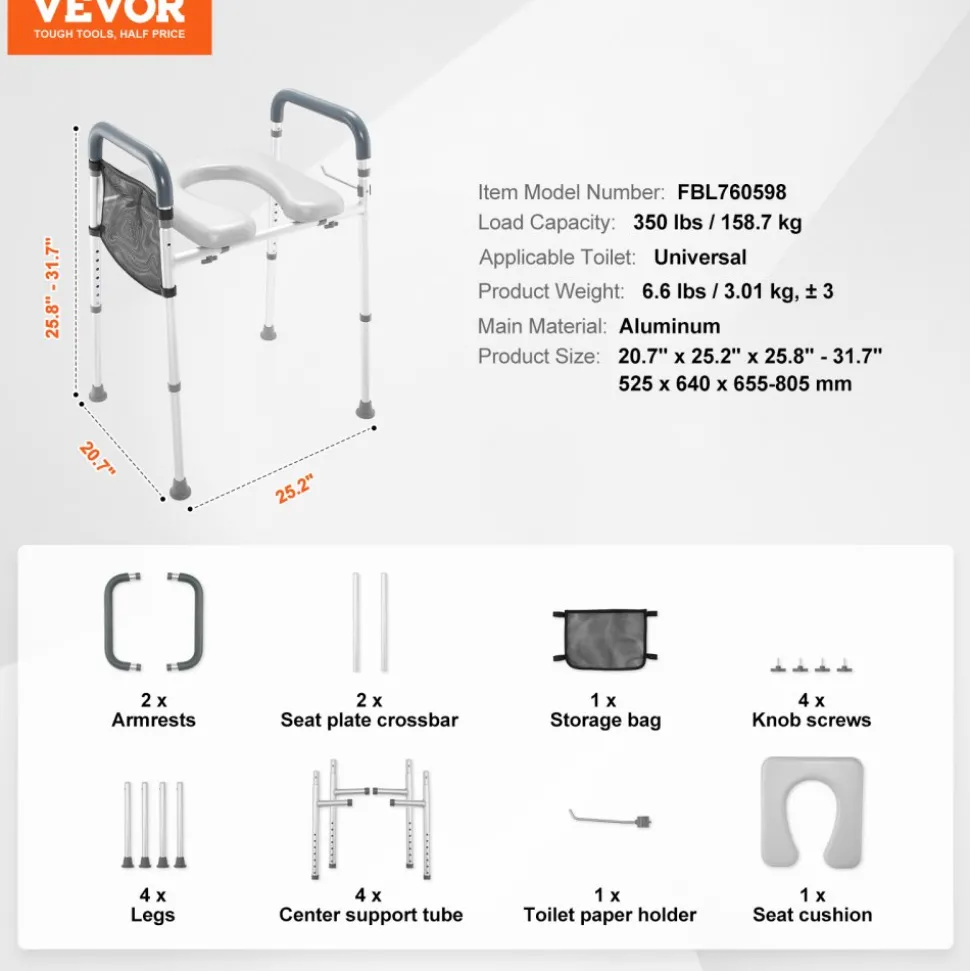 VEVOR Raised Toilet Seat, 7-Position Height Adjustment 19.3" - 25.2", 350lbs Weight Capacity, with Comfort Padded Aluminum Frame, Universal Toilet Seat Riser, for Elderly, Handicap, Pregnant, Medical