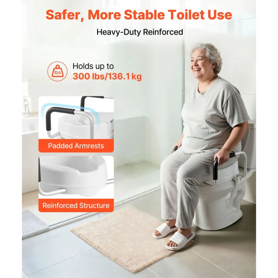 VEVOR Raised Toilet Seat with Arms, 300 lbs Load Capacity, 4-Inch Lift Height, Widened Commode Elevated Toilet Seat Riser with Padded Handles for Seniors, Elderly, Handicap, Disabled, and Adults Use