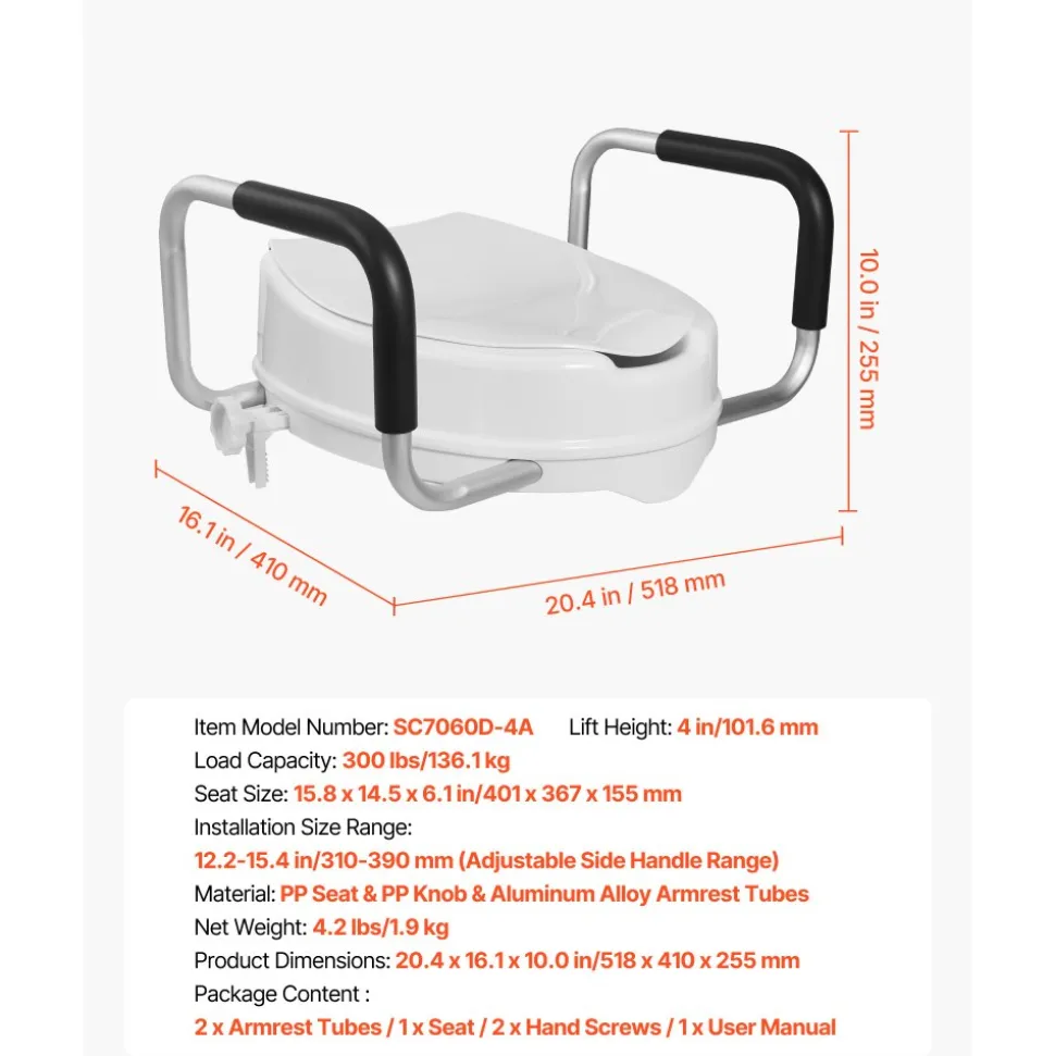 VEVOR Raised Toilet Seat with Arms, 300 lbs Load Capacity, 4-Inch Lift Height, Widened Commode Elevated Toilet Seat Riser with Padded Handles for Seniors, Elderly, Handicap, Disabled, and Adults Use