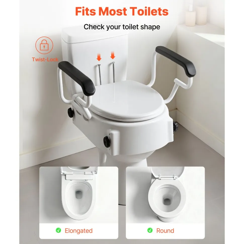 VEVOR Raised Toilet Seat with Arms, 300 lbs Load Capacity, 3-Level Adjustable Height, Widened Commode Elevated Toilet Seat Riser with Padded Handles for Seniors, Elderly, Handicap, Disabled, Adults