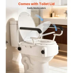 VEVOR Raised Toilet Seat with Arms, 300 lbs Load Capacity, 3-Level Adjustable Height, Widened Commode Elevated Toilet Seat Riser with Padded Handles for Seniors, Elderly, Handicap, Disabled, Adults