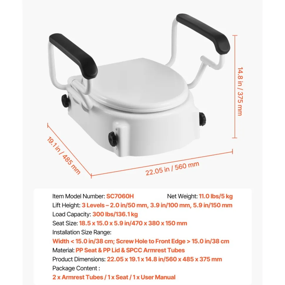VEVOR Raised Toilet Seat with Arms, 300 lbs Load Capacity, 3-Level Adjustable Height, Widened Commode Elevated Toilet Seat Riser with Padded Handles for Seniors, Elderly, Handicap, Disabled, Adults