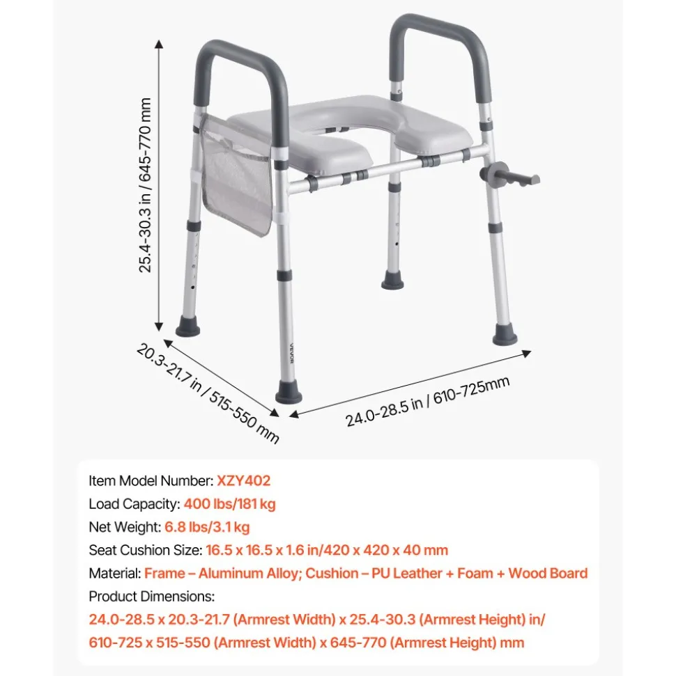 VEVOR Raised Toilet Seat with Arms, 400 lbs Load Capacity, Adjustable Height and Width, Commode Cushion Padded Elevated Toilet Seat Riser with Handles for Seniors, Elderly, Handicap, Disabled, Adults