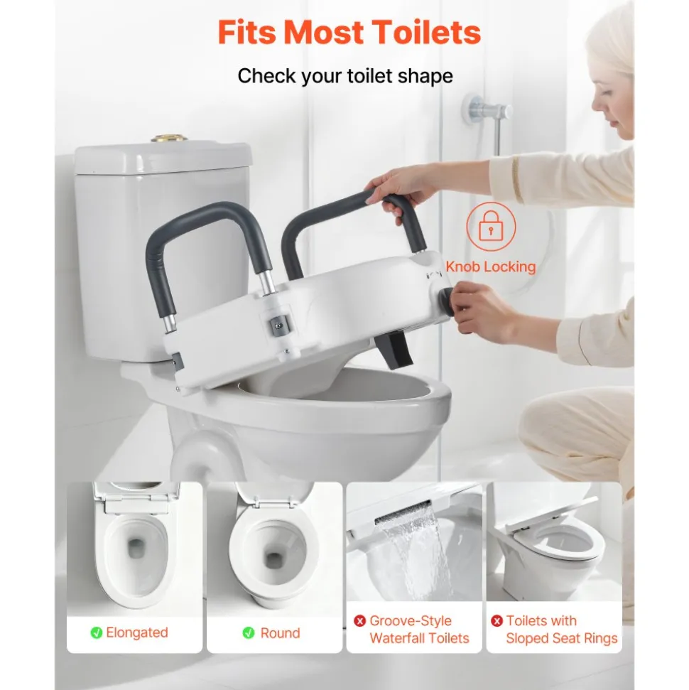 VEVOR Raised Toilet Seat with Handles 350 lb Handicap Elevated Toilet Riser, for Seniors, Elderly & Disabled, Adjustable Height & Width, Soft Cushion Padded, Fits Round, Elongated & V-Shaped Commode