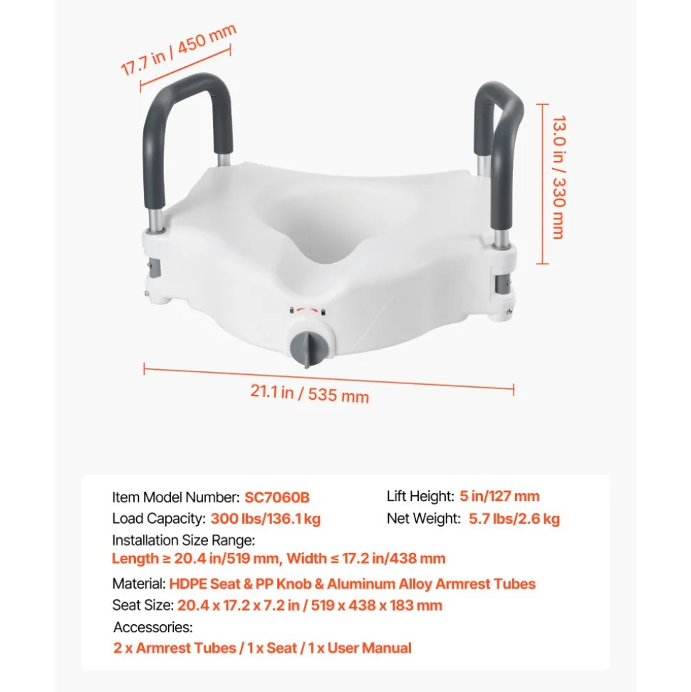 VEVOR Raised Toilet Seat with Handles 350 lb Handicap Elevated Toilet Riser, for Seniors, Elderly & Disabled, Adjustable Height & Width, Soft Cushion Padded, Fits Round, Elongated & V-Shaped Commode