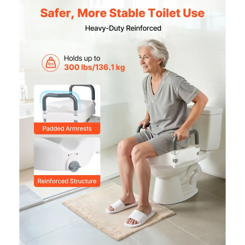 VEVOR Raised Toilet Seat with Handles 350 lb Handicap Elevated Toilet Riser, for Seniors, Elderly & Disabled, Adjustable Height & Width, Soft Cushion Padded, Fits Round, Elongated & V-Shaped Commode
