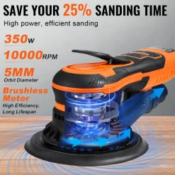 VEVOR Random Orbital Sander 5 & 6-Inch, 350W Brushless Orbital Sander, 10,000 PRM 6 Variable Speed Electric Palm Sander with 20PCS Sandpapers, Dust Connector & Hose for Woodworking Detailing Sanding