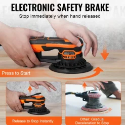 VEVOR Random Orbital Sander 5 & 6-Inch, 350W Brushless Orbital Sander, 10,000 PRM 6 Variable Speed Electric Palm Sander with 20PCS Sandpapers, Dust Connector & Hose for Woodworking Detailing Sanding