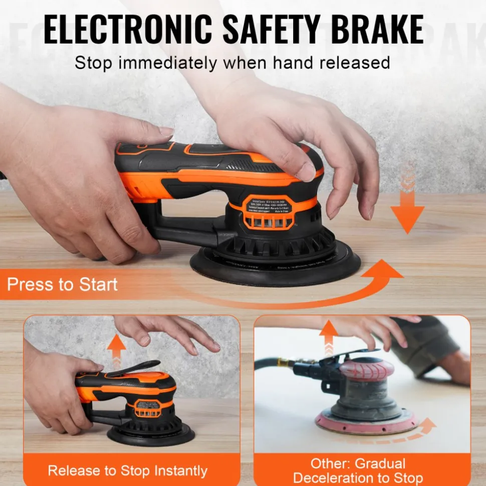VEVOR Random Orbital Sander 5 & 6-Inch, 350W Brushless Orbital Sander, 10,000 PRM 6 Variable Speed Electric Palm Sander with 20PCS Sandpapers, Dust Connector & Hose for Woodworking Detailing Sanding