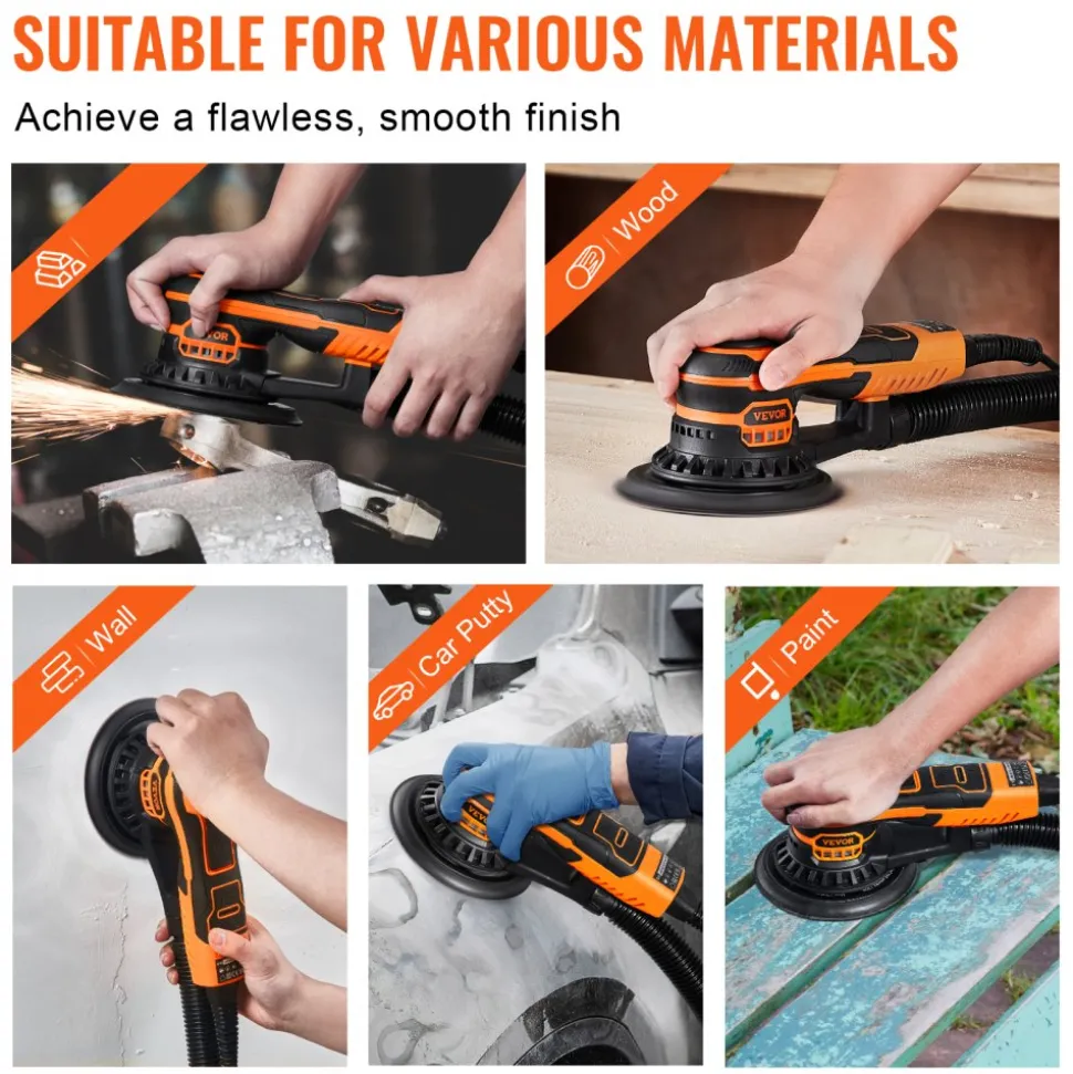 VEVOR Random Orbital Sander 6-Inch, 350W Brushless Orbital Sander, 10,000 PRM 6 Variable Speed Electric Palm Sander with 10PCS Sandpapers, Dust Connector & Hose for Woodworking Detailing Sanding