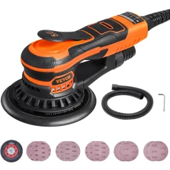 VEVOR Random Orbital Sander 6-Inch, 350W Brushless Orbital Sander, 10,000 PRM 6 Variable Speed Electric Palm Sander with 10PCS Sandpapers, Dust Connector & Hose for Woodworking Detailing Sanding