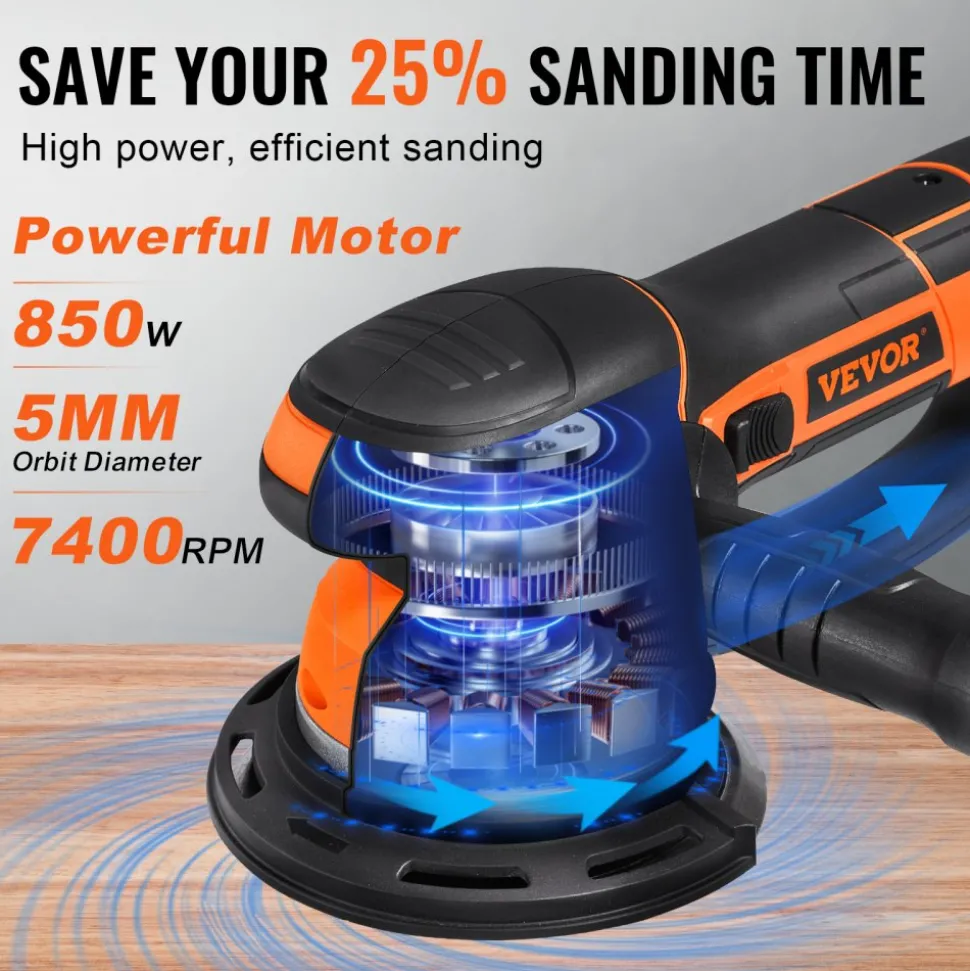 VEVOR Random Orbital Sander, 6-Inch DA & GA Dual Action Orbital Sander, 850W 7400PRM 6 Variable Speed Electric Palm Sander with 10PCS Sandpapers, Dust Connector for Woodworking Detailing Sanding