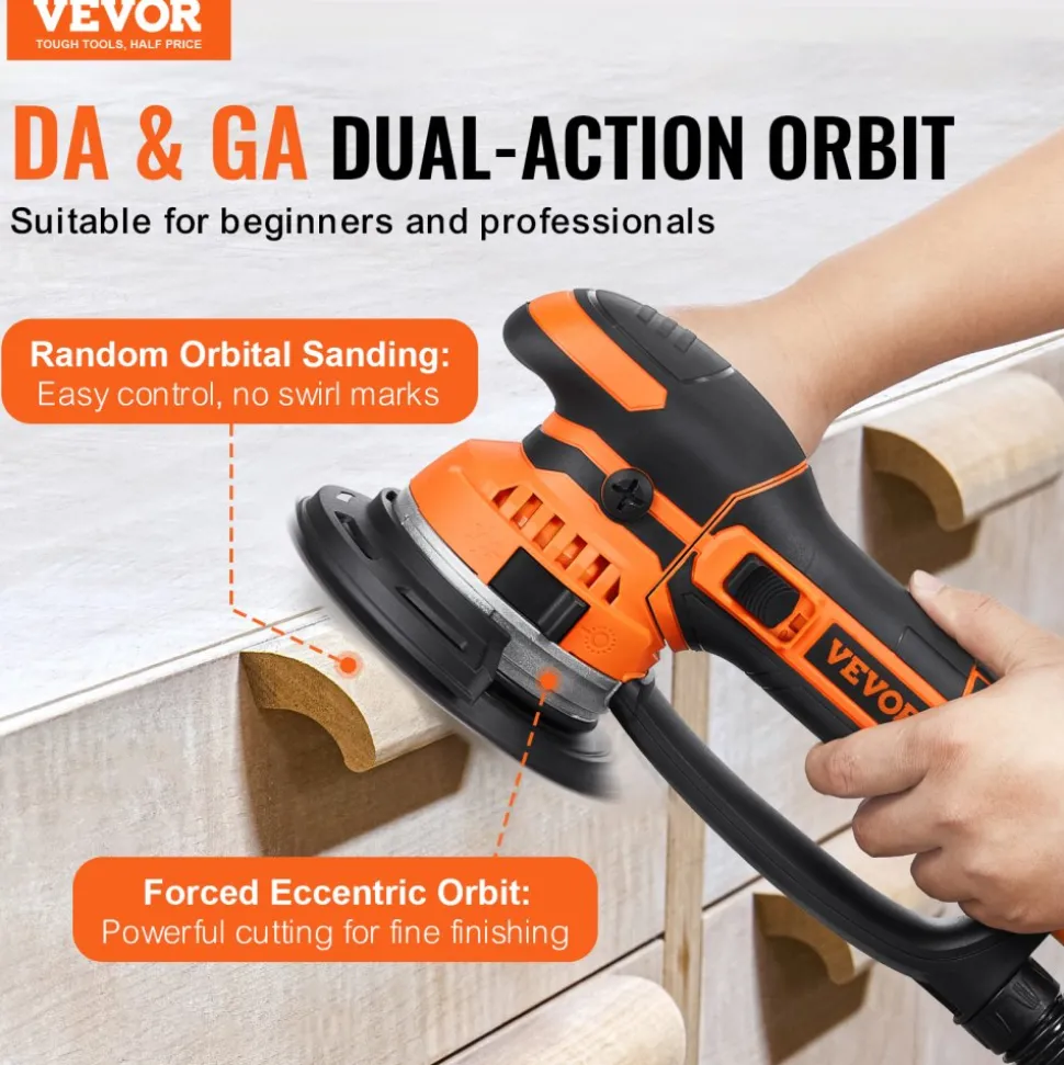 VEVOR Random Orbital Sander, 6-Inch DA & GA Dual Action Orbital Sander, 850W 7400PRM 6 Variable Speed Electric Palm Sander with 10PCS Sandpapers, Dust Connector for Woodworking Detailing Sanding