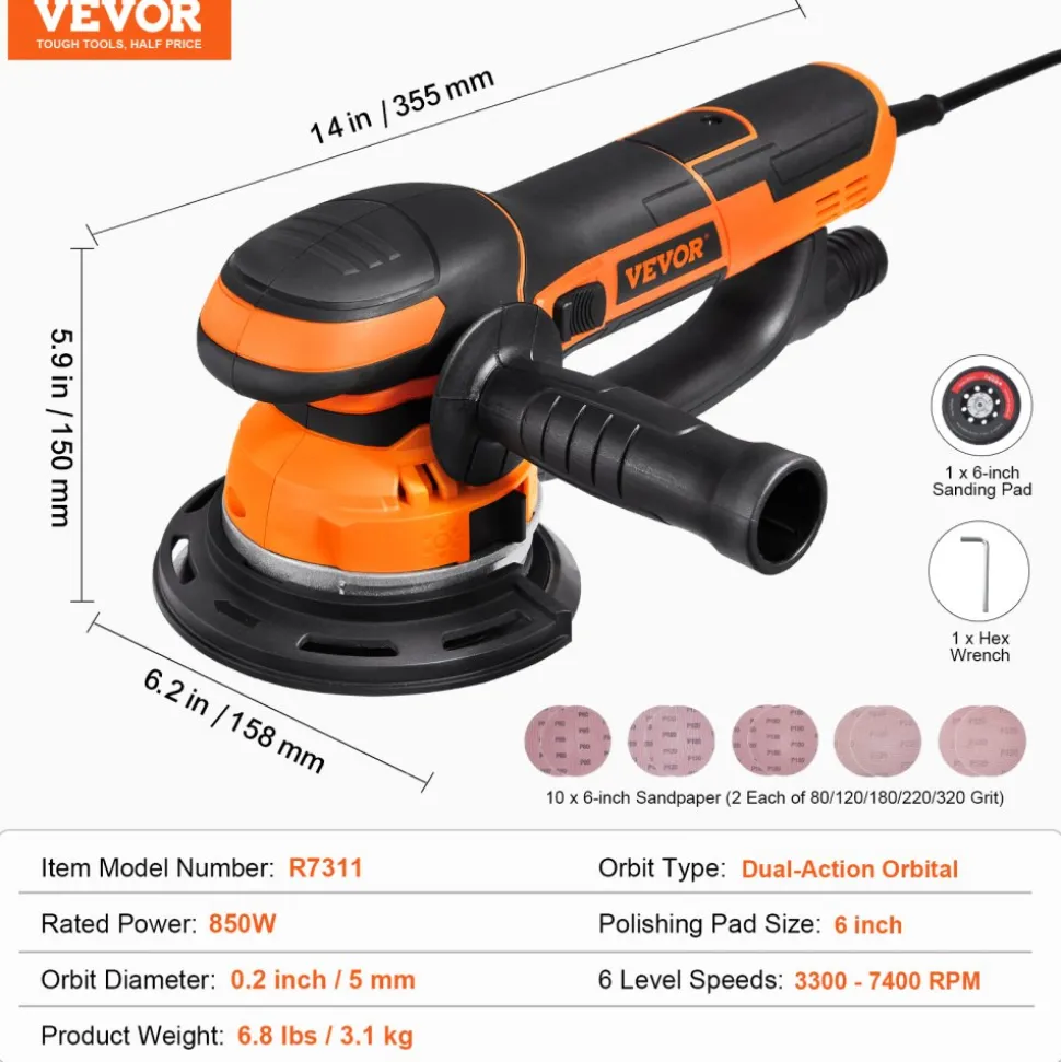 VEVOR Random Orbital Sander, 6-Inch DA & GA Dual Action Orbital Sander, 850W 7400PRM 6 Variable Speed Electric Palm Sander with 10PCS Sandpapers, Dust Connector for Woodworking Detailing Sanding