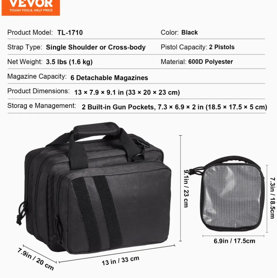 VEVOR Range Bag for 2 Pistols, Tactical Gun Bag with 2 Built-in Removable Pistol Bags & 6 Detachable Magazines, Gun Range Bag for Outdoor Hunting Shooting, Lockable Carrying Handgun Bag Case, Black