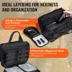 VEVOR Range Bag for 2 Pistols, Tactical Gun Bag with 2 Built-in Removable Pistol Bags & 6 Detachable Magazines, Gun Range Bag for Outdoor Hunting Shooting, Lockable Carrying Handgun Bag Case, Black