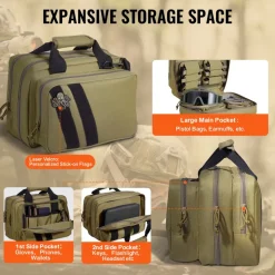 VEVOR Range Bag for 2 Pistols, Tactical Gun Bag with 2 Built-in Removable Pistol Bags & 6 Detachable Magazines, Gun Range Bag for Outdoor Hunting Shooting, Lockable Carrying Handgun Bag Case, Brown