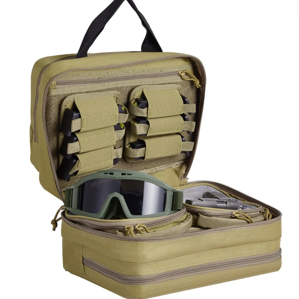 VEVOR Range Bag for 2 Pistols, Tactical Gun Bag with 2 Built-in Removable Pistol Bags & 6 Detachable Magazines, Gun Range Bag for Outdoor Hunting Shooting, Lockable Carrying Handgun Bag Case, Brown
