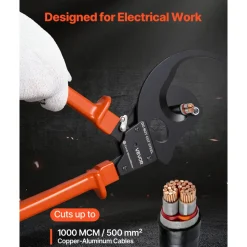 VEVOR Ratcheting Cable Cutter, Spring Steel Blades with PVC-Coated Handles, Quick-Release Button, Heavy Duty Ratchet Cable Wire Cutter for Cutting Copper & Aluminum Cables Up to 1000 MCM / 500 mm²