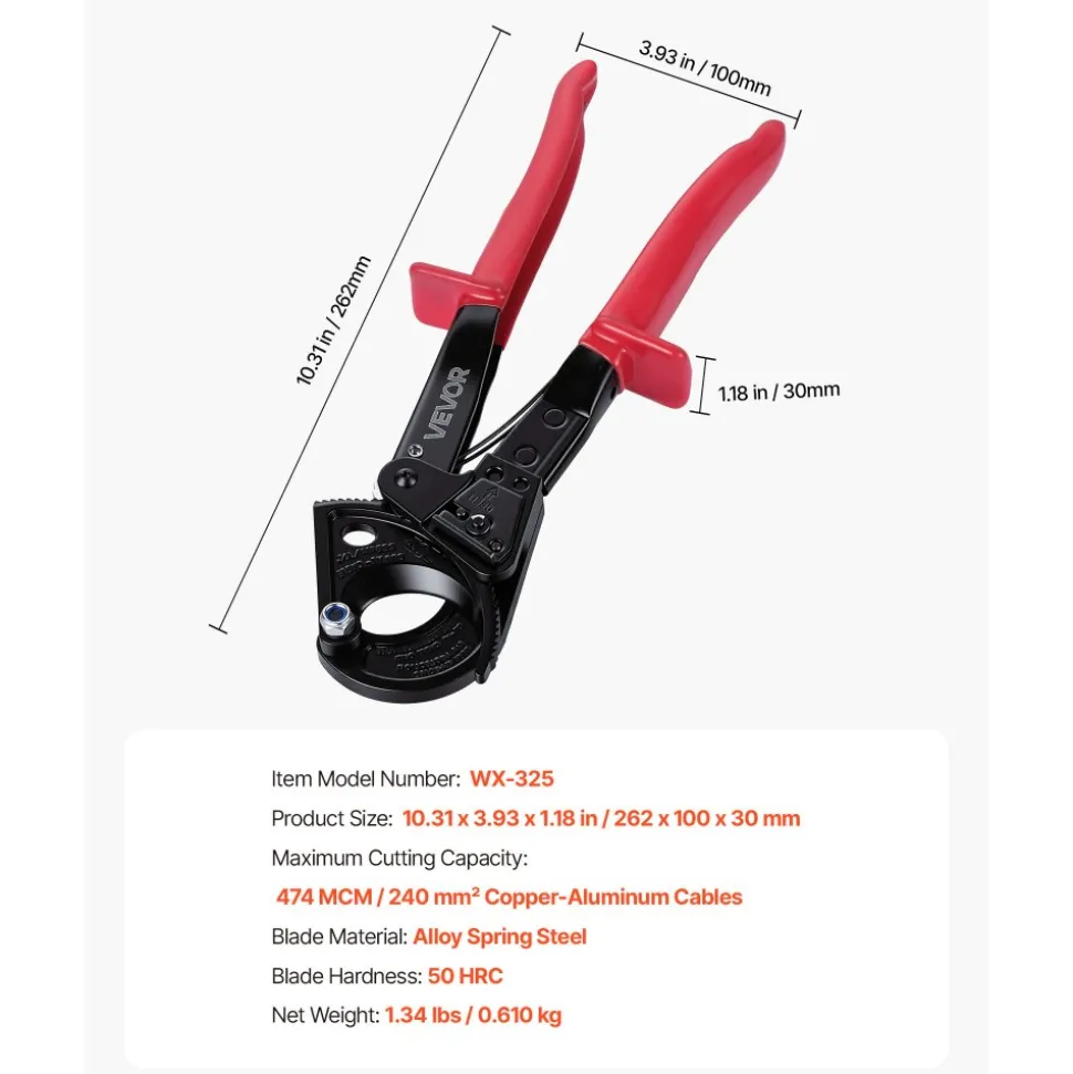 VEVOR Ratcheting Cable Cutter, Spring Steel Blades with PVC-Coated Handles, Quick-Release Button, Heavy Duty Ratchet Cable Wire Cutter for Cutting Copper & Aluminum Cables Up to 474 MCM / 240 mm²