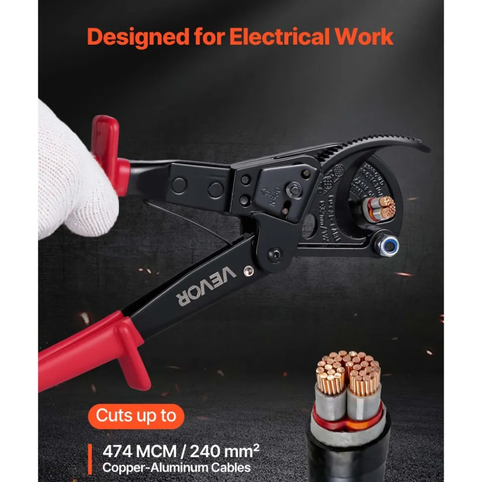 VEVOR Ratcheting Cable Cutter, Spring Steel Blades with PVC-Coated Handles, Quick-Release Button, Heavy Duty Ratchet Cable Wire Cutter for Cutting Copper & Aluminum Cables Up to 474 MCM / 240 mm²