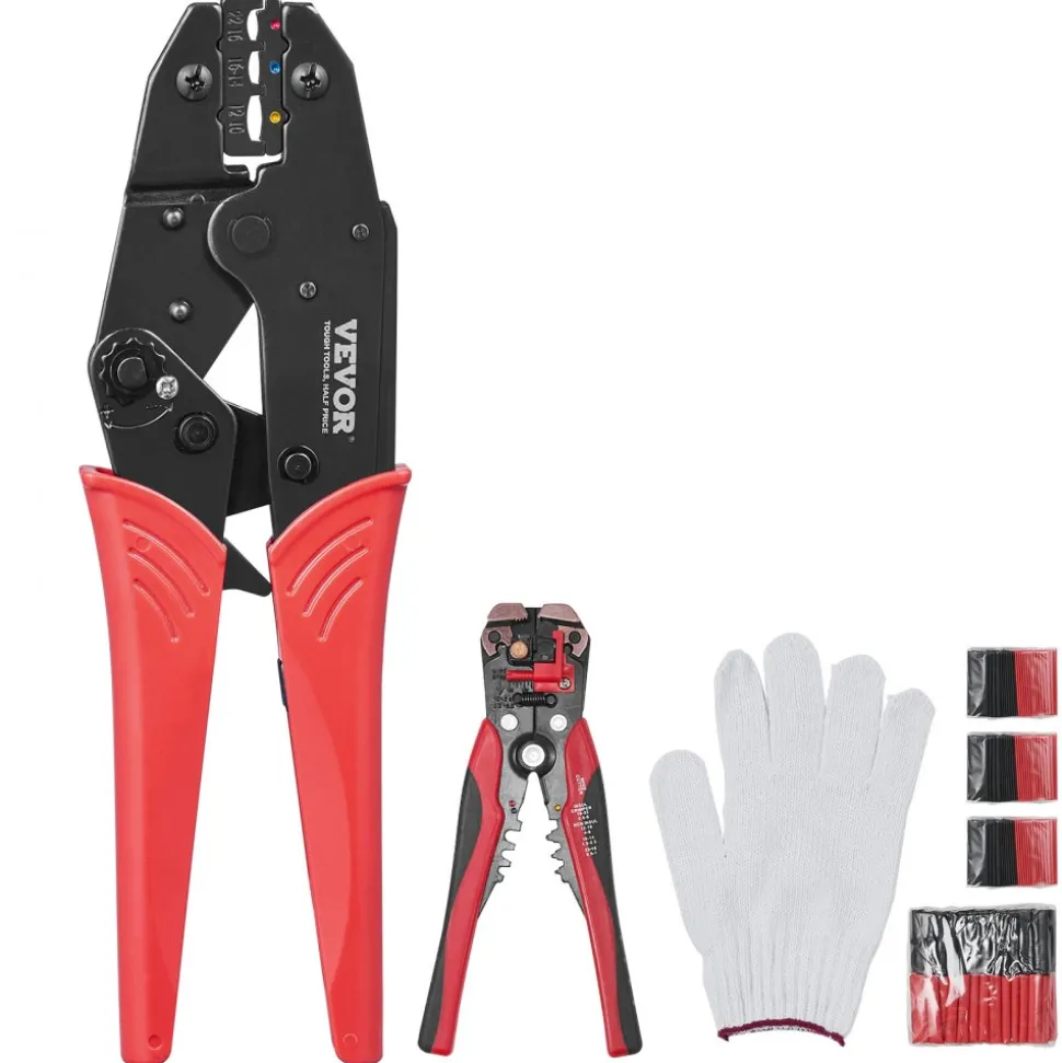 VEVOR Ratcheting Crimping Tool Set For Insulated Electrical Connectors AWG22-10 with Wire Stripper and 210pcs Heat Shrink Tubes Labor-Saving Ratcheting Wire Crimp Pliers