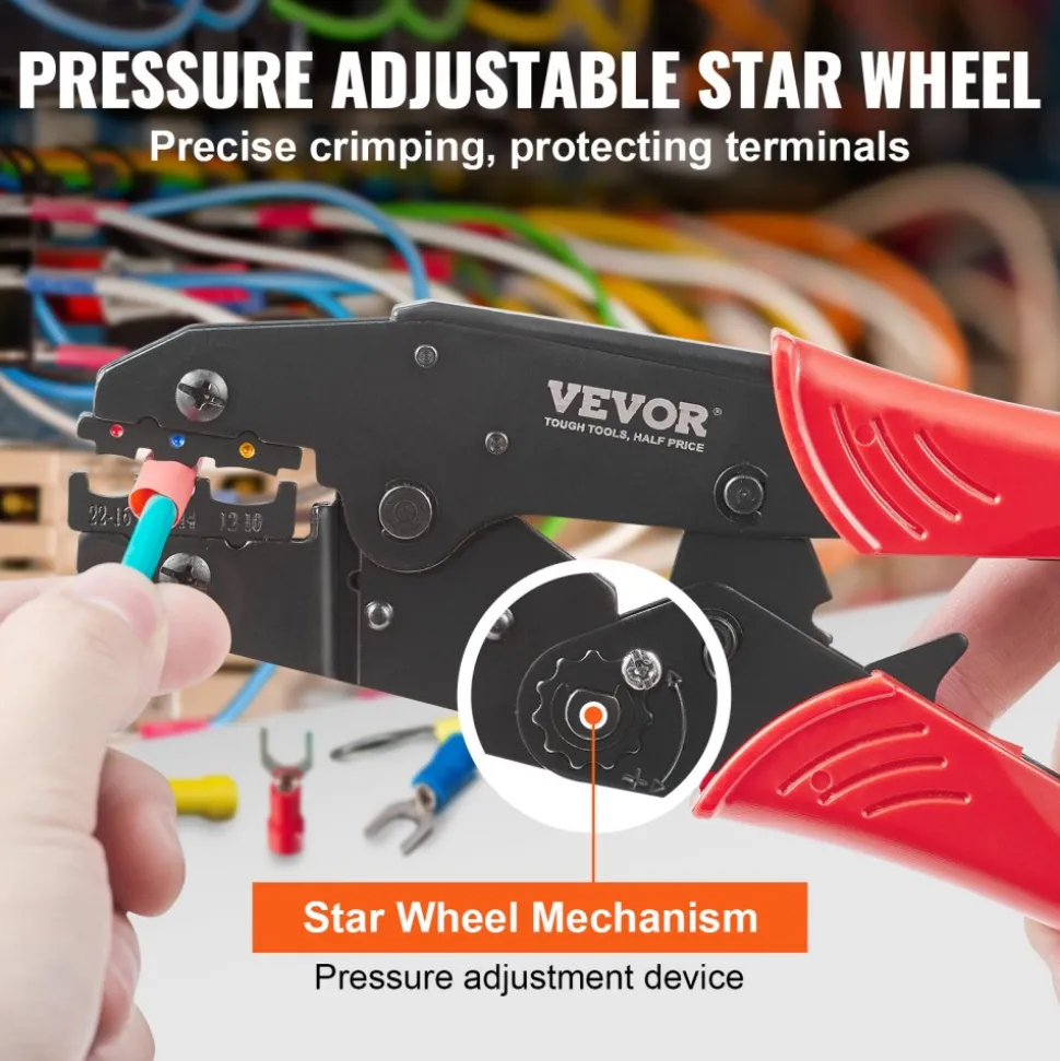 VEVOR Ratcheting Crimping Tool Set For Insulated Electrical Connectors AWG22-10 with Wire Stripper and 210pcs Heat Shrink Tubes Labor-Saving Ratcheting Wire Crimp Pliers