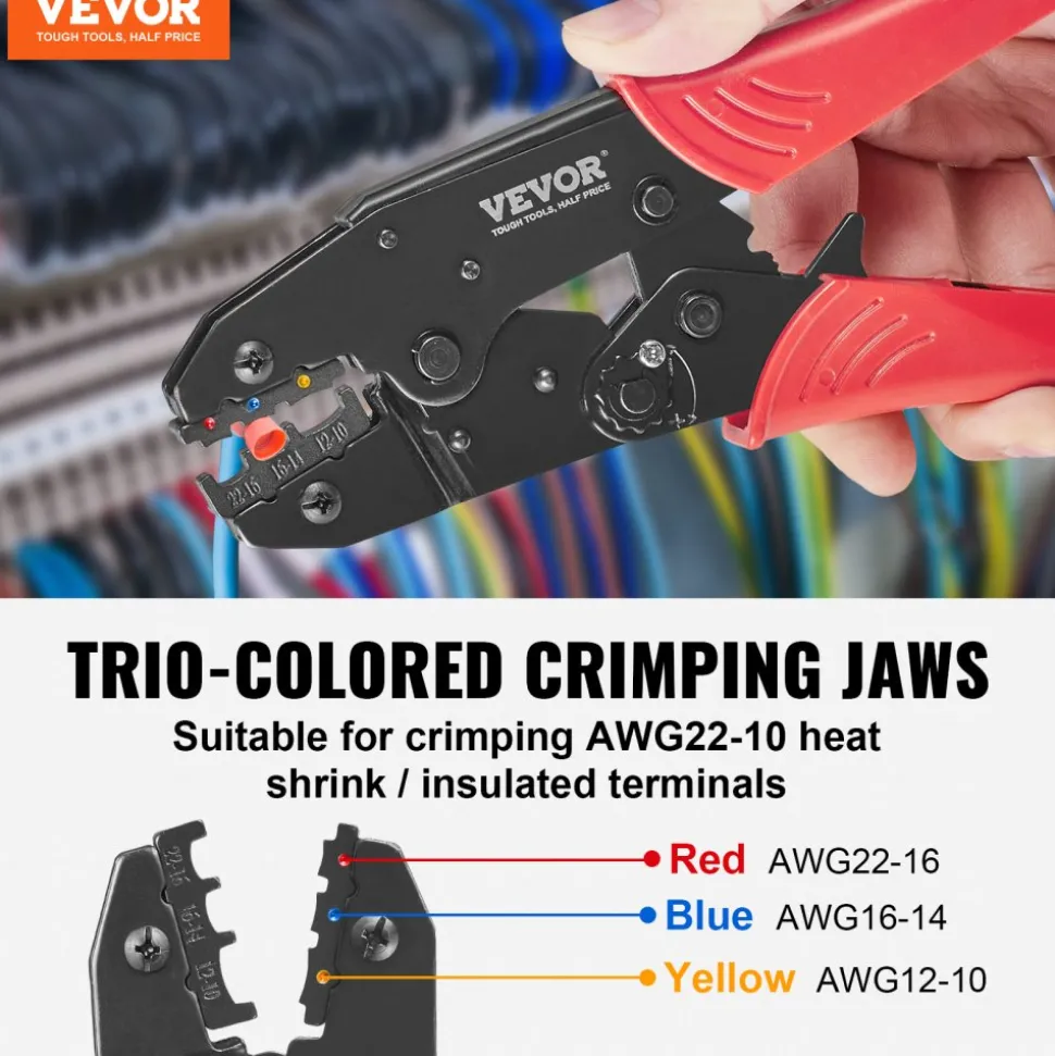 VEVOR Ratcheting Crimping Tool Set For Insulated Electrical Connectors AWG22-10 with Wire Stripper and 210pcs Heat Shrink Tubes Labor-Saving Ratcheting Wire Crimp Pliers