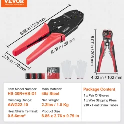 VEVOR Ratcheting Crimping Tool Set For Insulated Electrical Connectors AWG22-10 with Wire Stripper and 210pcs Heat Shrink Tubes Labor-Saving Ratcheting Wire Crimp Pliers