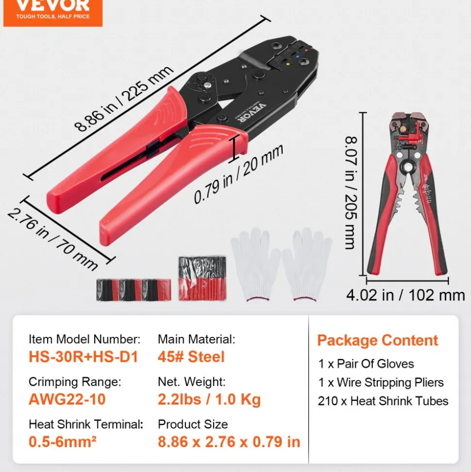 VEVOR Ratcheting Crimping Tool Set For Insulated Electrical Connectors AWG22-10 with Wire Stripper and 210pcs Heat Shrink Tubes Labor-Saving Ratcheting Wire Crimp Pliers
