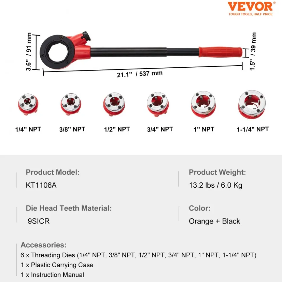 VEVOR Ratchet Pipe Threader Kit, 1/4" NPT - 1-1/4" NPT Manual Ratcheting Pipe Threader, Portable Pipe Threading Tool Set with 6PCS NPT Dies, Storage Case for Galvanized Aluminum Iron Copper Pipes