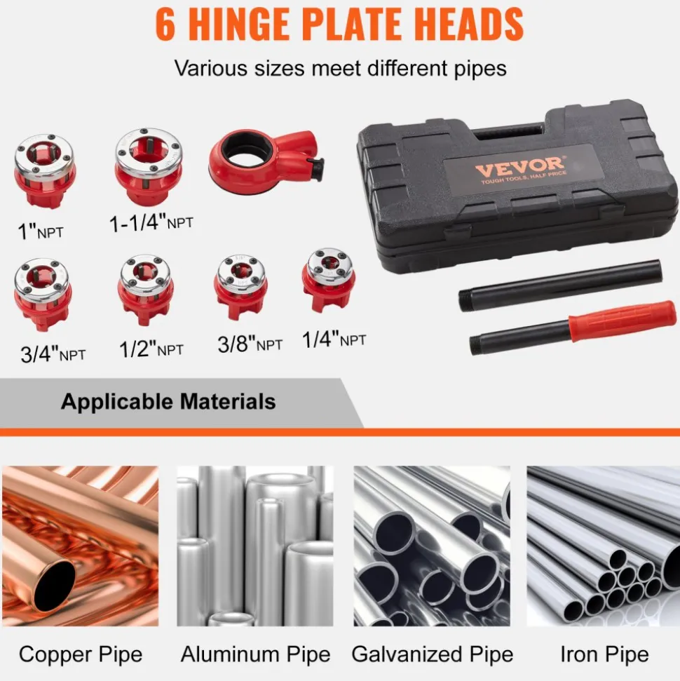 VEVOR Ratchet Pipe Threader Kit, 1/4" NPT - 1-1/4" NPT Manual Ratcheting Pipe Threader, Portable Pipe Threading Tool Set with 6PCS NPT Dies, Storage Case for Galvanized Aluminum Iron Copper Pipes
