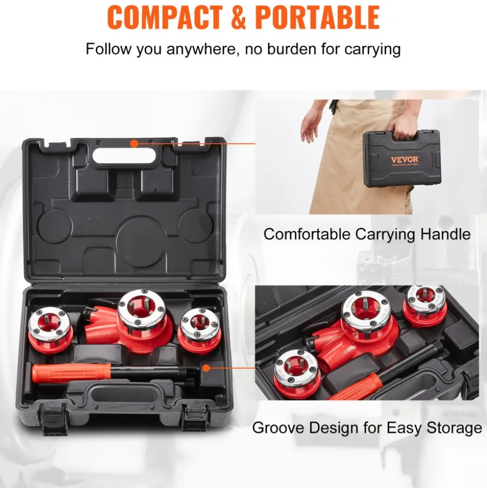 VEVOR Ratchet Pipe Threader Kit, 1/2" NPT, 3/4" NPT, 1" NPT Manual Ratcheting Pipe Threader, Portable Pipe Threading Tool Set with 3PCS NPT Dies, Storage Case for Galvanized Aluminum Iron Copper Pipes
