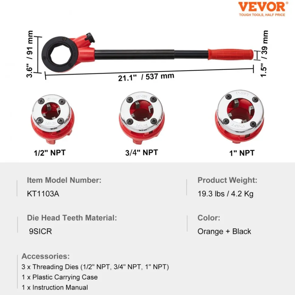 VEVOR Ratchet Pipe Threader Kit, 1/2" NPT, 3/4" NPT, 1" NPT Manual Ratcheting Pipe Threader, Portable Pipe Threading Tool Set with 3PCS NPT Dies, Storage Case for Galvanized Aluminum Iron Copper Pipes