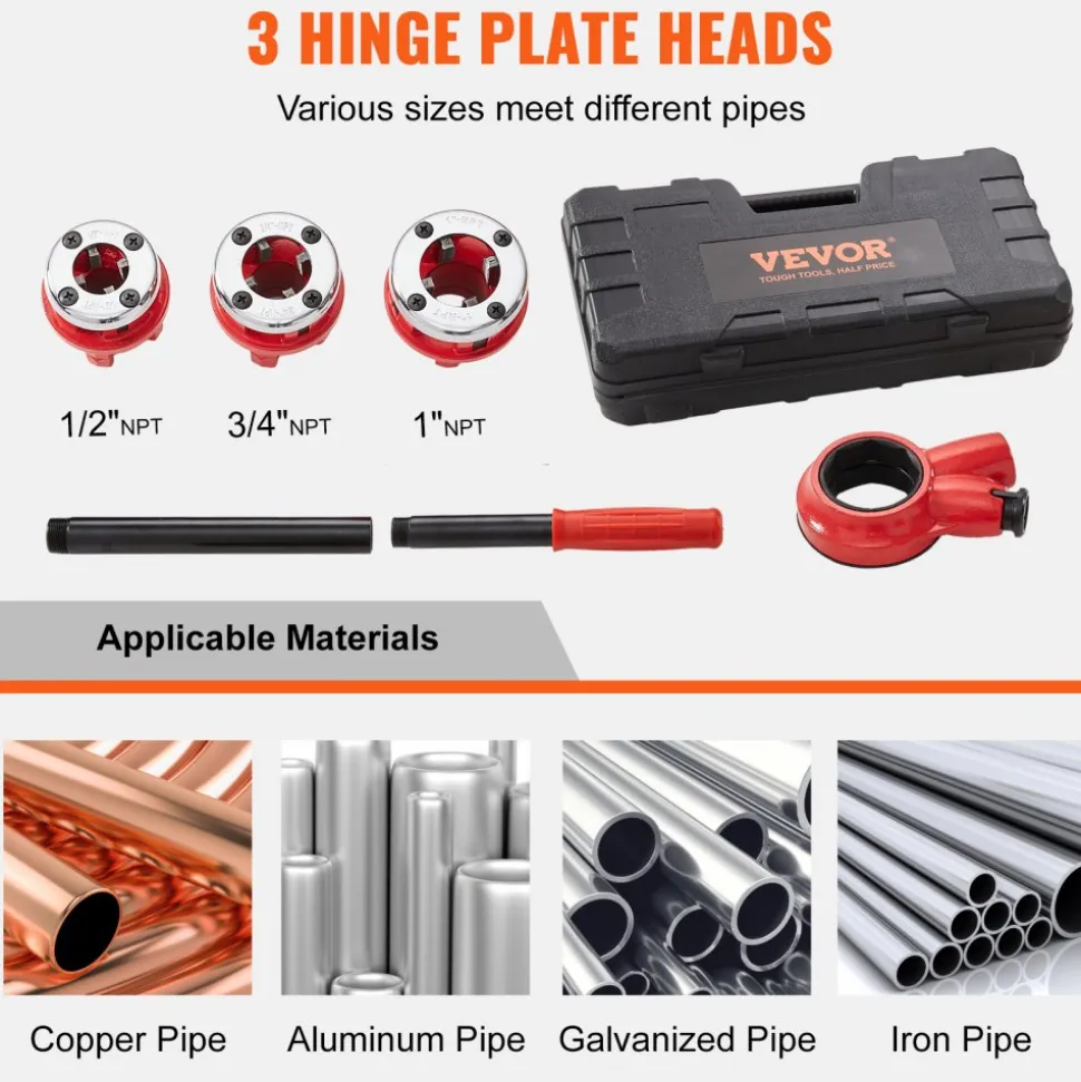 VEVOR Ratchet Pipe Threader Kit, 1/2" NPT, 3/4" NPT, 1" NPT Manual Ratcheting Pipe Threader, Portable Pipe Threading Tool Set with 3PCS NPT Dies, Storage Case for Galvanized Aluminum Iron Copper Pipes