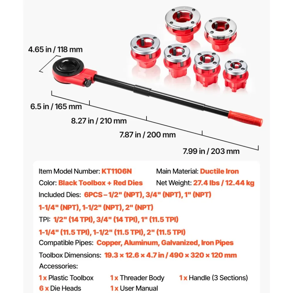 VEVOR Ratchet Pipe Threader Kit with 6 Dies, 1/2" NPT to 2" NPT Manual Ratcheting Pipe Threading Tool, Portable Pipes Threader Set with Toolbox for Plumbing Installation & Repair