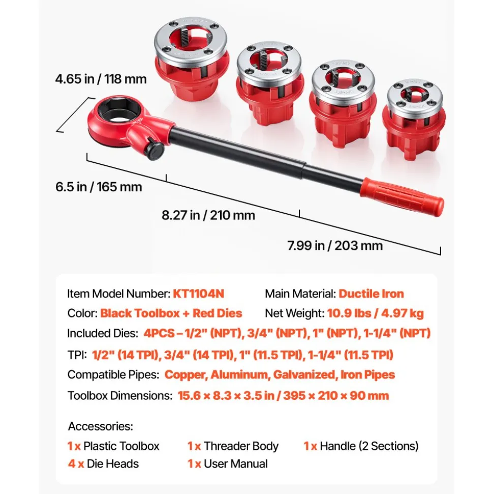 VEVOR Ratchet Pipe Threader Kit with 7 Dies, 3/8" NPT to 2" NPT Manual Ratcheting Pipe Threading Tool, Portable Pipes Threader Set with Toolbox for Plumbing Installation & Repair