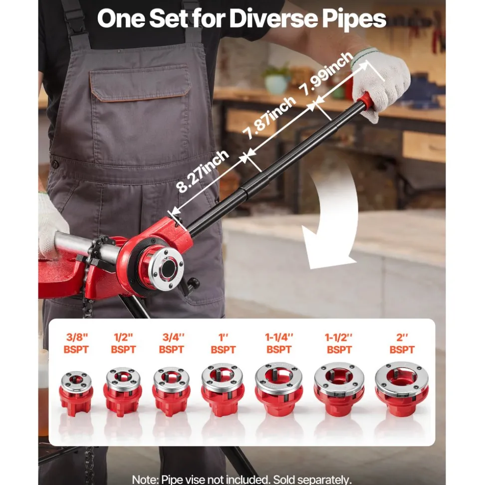VEVOR Ratchet Pipe Threader Kit with 7 Dies, 3/8" BSPT to 2" BSPT Manual Ratcheting Pipe Threading Tool, Portable Pipes Threader Set with Toolbox for Plumbing Installation & Repair