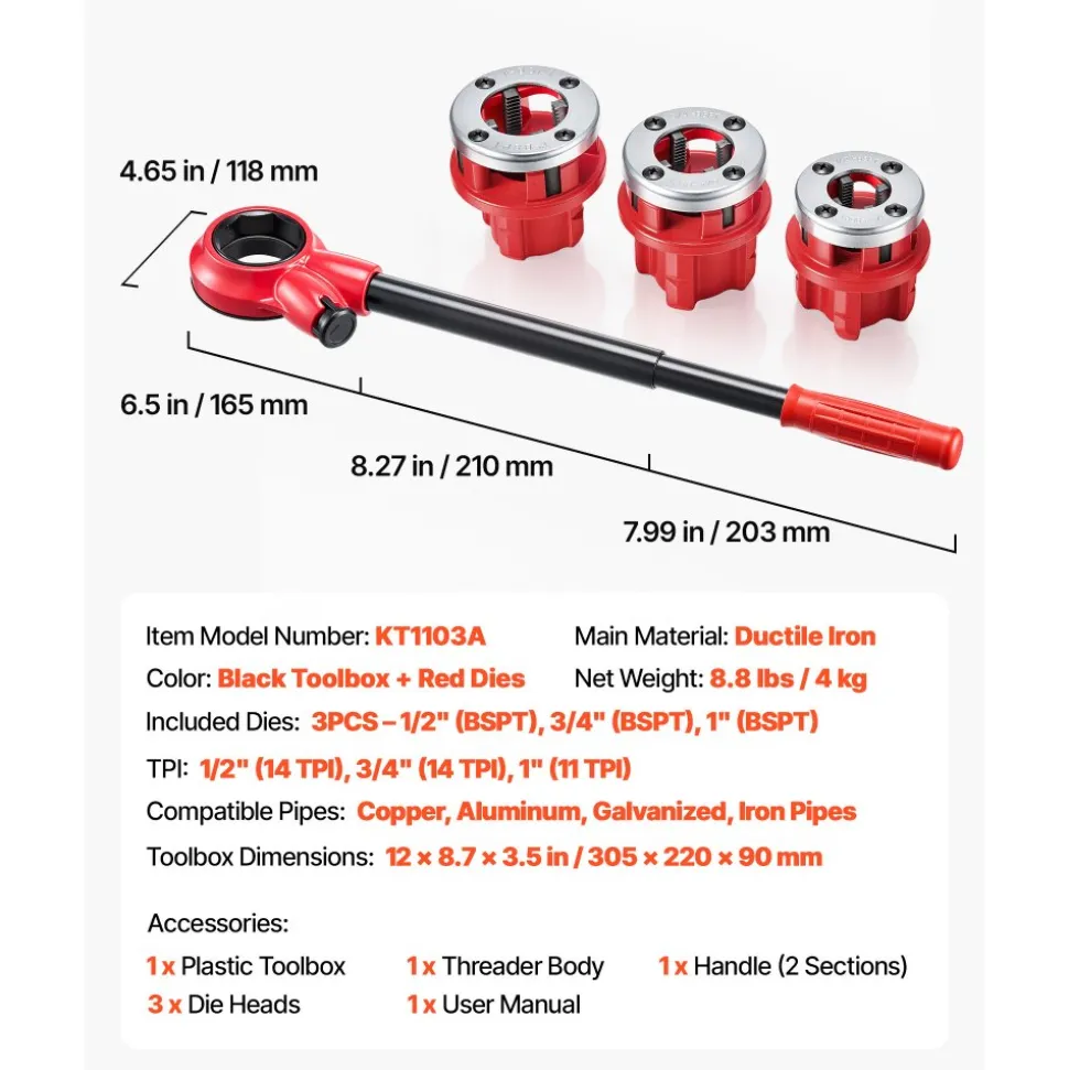 VEVOR Ratchet Pipe Threader Kit with 3 Dies, 1/2" BSPT, 3/4" BSPT, 1" BSPT Manual Ratcheting Pipe Threading Tool, Portable Pipes Threader Set with Toolbox for Plumbing Installation & Repair