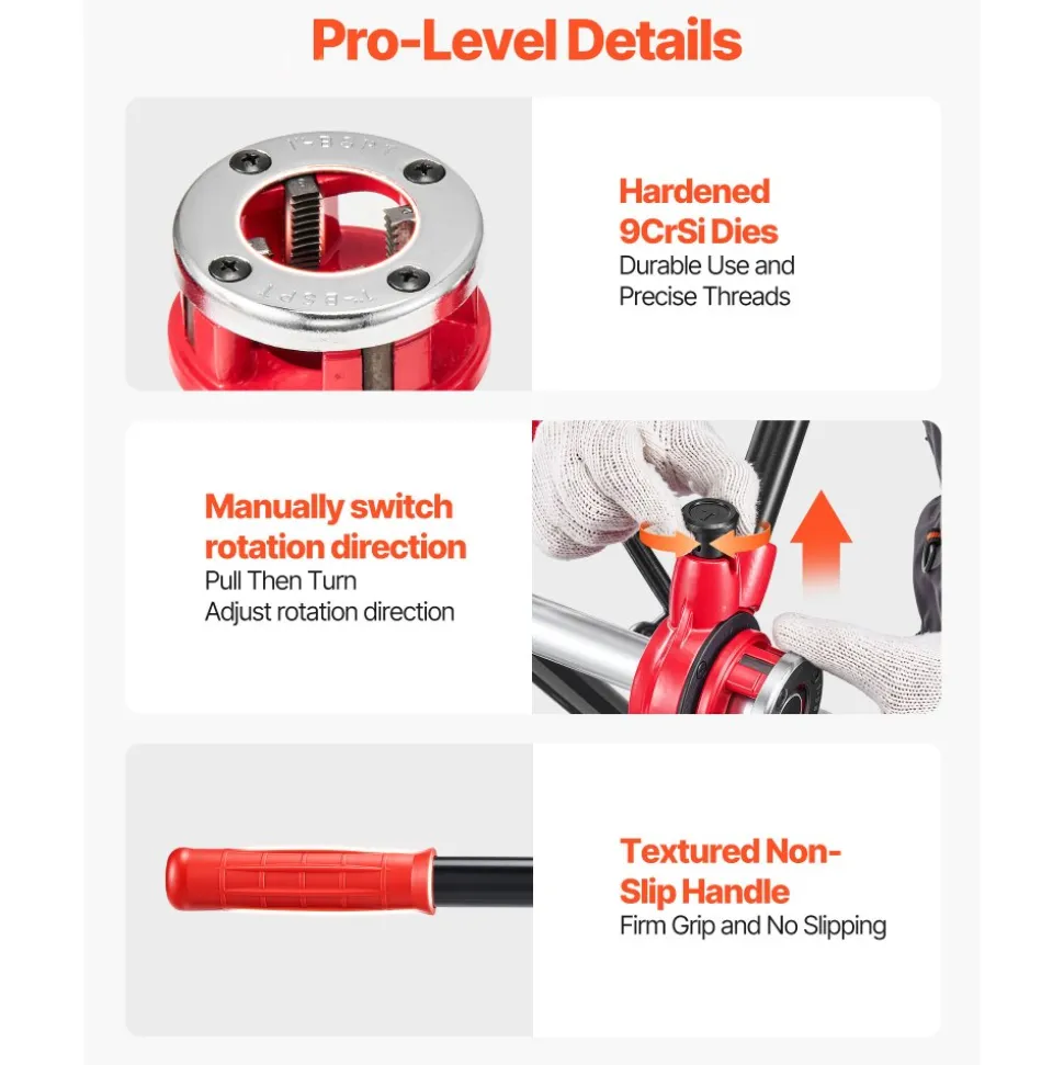 VEVOR Ratchet Pipe Threader Kit with 3 Dies, 1/2" BSPT, 3/4" BSPT, 1" BSPT Manual Ratcheting Pipe Threading Tool, Portable Pipes Threader Set with Toolbox for Plumbing Installation & Repair