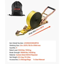 VEVOR Ratchet Straps, 2 in x 30 ft, Heavy Duty Tie Down Straps with Double J Hook, 10,000 lbs Break Strength, Carry Bag, Tie Down Ratcheting for Moving, Trailers, Motorcycles, Kayaks, Car Roof, 4 Pack