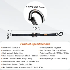 VEVOR Ratchet Tie Down Straps (4PK), 2200 lb Max Break Strength, Includes 4 Premium 1