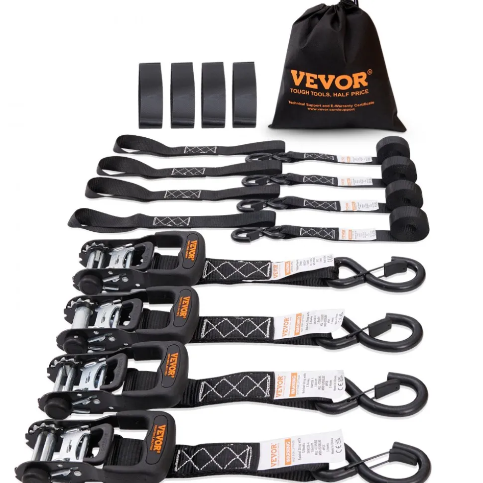 VEVOR Ratchet Tie Down Straps (4PK), 5208 lb Max Break Strength, Includes 4 Premium 1.6" x 8' Rachet Tie Downs with Padded Handles, for Moving Securing Cargo, Appliances, Lawn Equipment, Motorcycle