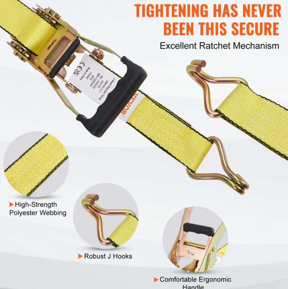 VEVOR Ratchet Tie Down Straps (4PK), 5000 lb Break Strength, Double J Hook Includes 4 Premium 2" x 15' Rachet Tie Downs with Padded Handles, for Moving Securing Cargo, Appliances, Lawn Equipment