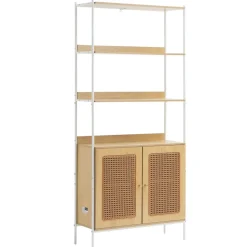 VEVOR Rattan Bookshelf, Ladder Shelf with 2 Doors, Rectangle Freestanding Open Storage Bookcase Rack Organizer, Storage Display Shelves Ideal for Library, Meeting Room, Office, Study, Natural